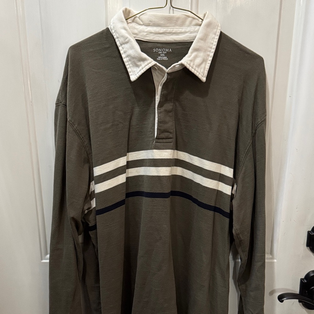 Sonoma Men's Olive Green Long Sleeve Shirt with White Collar